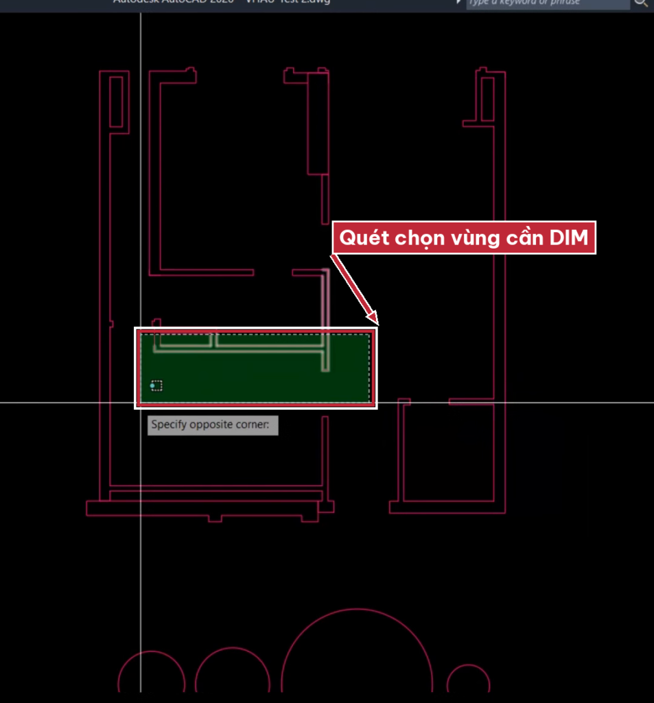 Quét chọn vùng cần dim khi dùng lệnh QuickDim trong AutoCAD