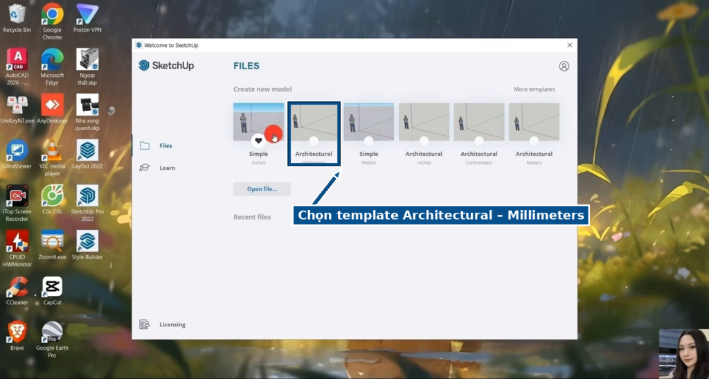 Chọn template Architectural Millimeters khi mở SketchUp