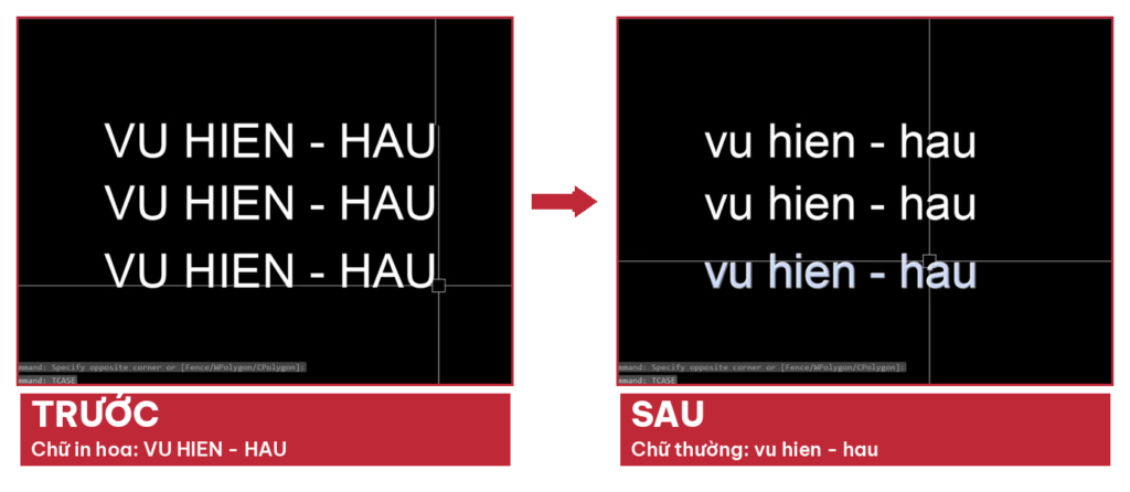 Trước và sau khi chuyển chữ in hoa về chữ thường trong AutoCAD bằng TCASE
