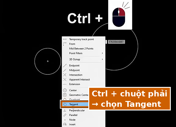 Bấm Ctrl + chuột phải rồi chọn Tangent trong menu bắt điểm
