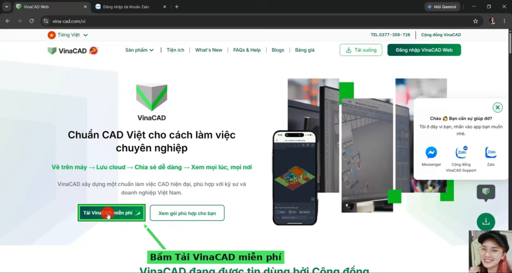 Trang chủ VinaCAD, bấm nút Tải VinaCAD miễn phí