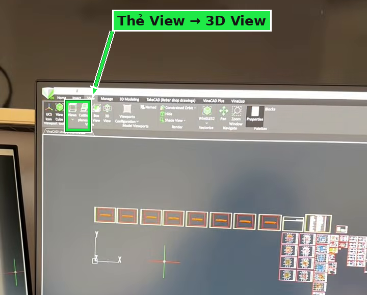 Trong VinaCAD vào thẻ View rồi chọn 3D View