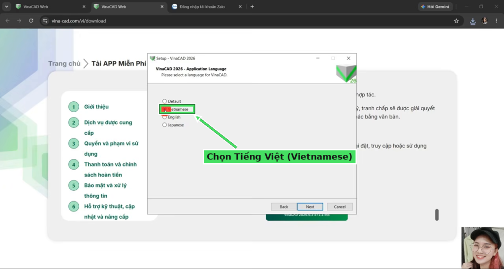 Chọn ngôn ngữ Tiếng Việt khi cài đặt VinaCAD
