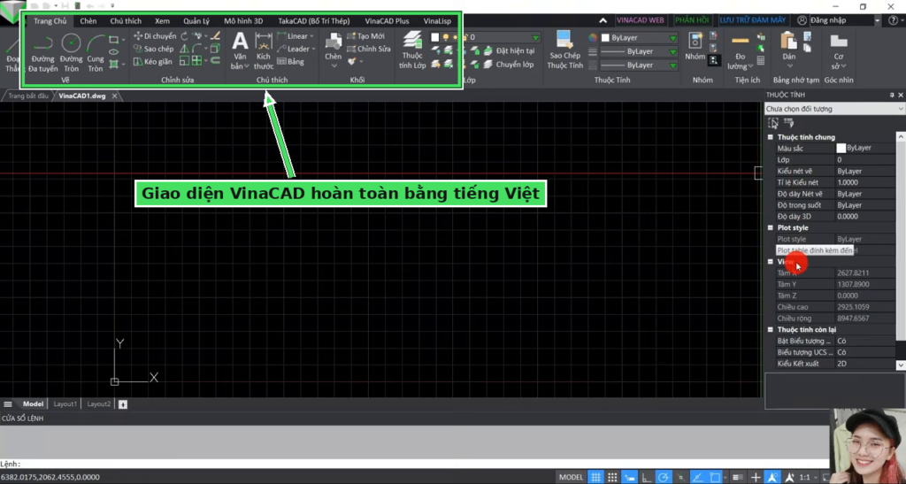 Giao diện VinaCAD hoàn toàn bằng tiếng Việt sau khi cài
