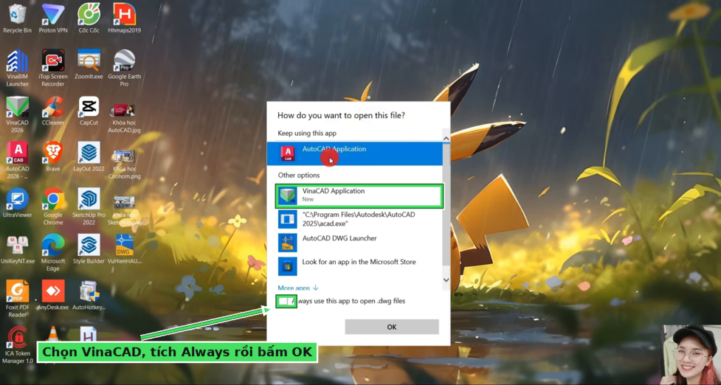 Chọn VinaCAD và tích Always để mở file DWG mặc định bằng VinaCAD