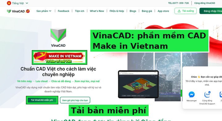 VinaCAD Make in Vietnam và nút tải bản miễn phí