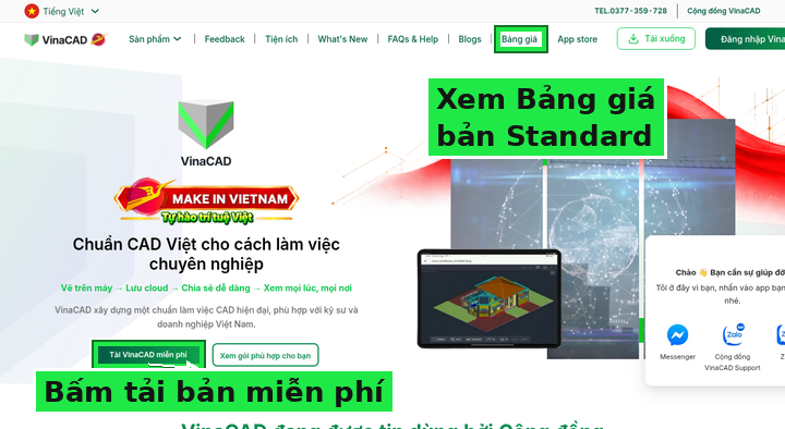 Trang chủ VinaCAD: nút tải bản miễn phí và mục Bảng giá