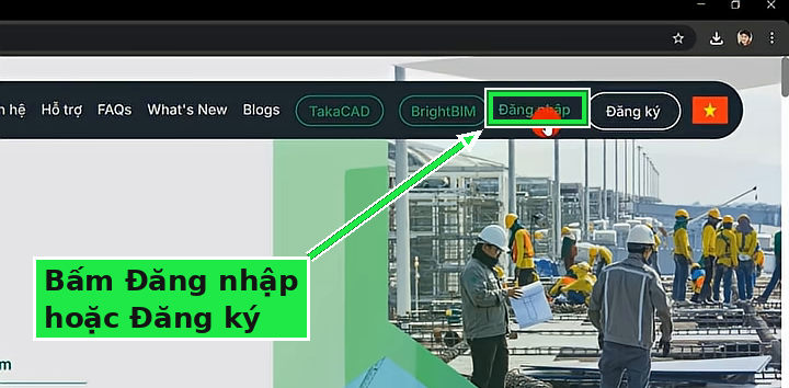 Trang web VinaCAD: bấm Đăng nhập hoặc Đăng ký tài khoản