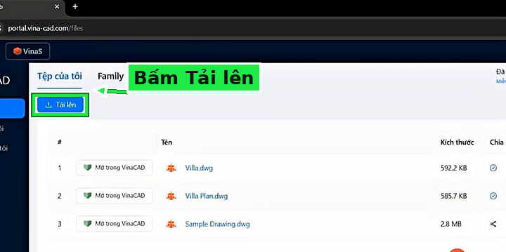 Trang quản lý tệp VinaCAD: bấm nút Tải lên