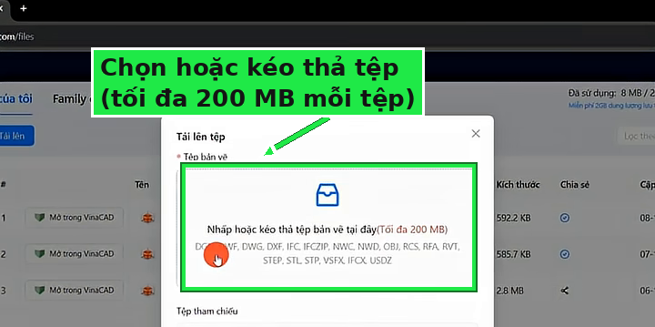 Hộp thoại Tải lên tệp VinaCAD: chọn hoặc kéo thả tệp, tối đa 200 MB