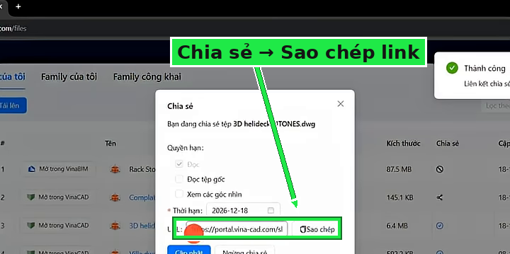 Hộp thoại Chia sẻ của VinaCAD: bấm Sao chép link